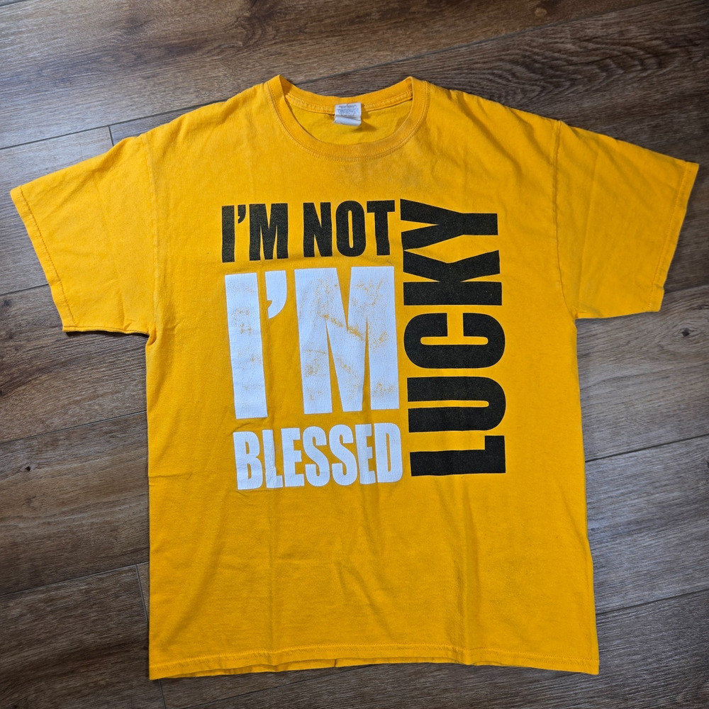Vintage Y2K Im Not Lucky Im Blessed T Shirt Mens Large Yellow Graphic Tee